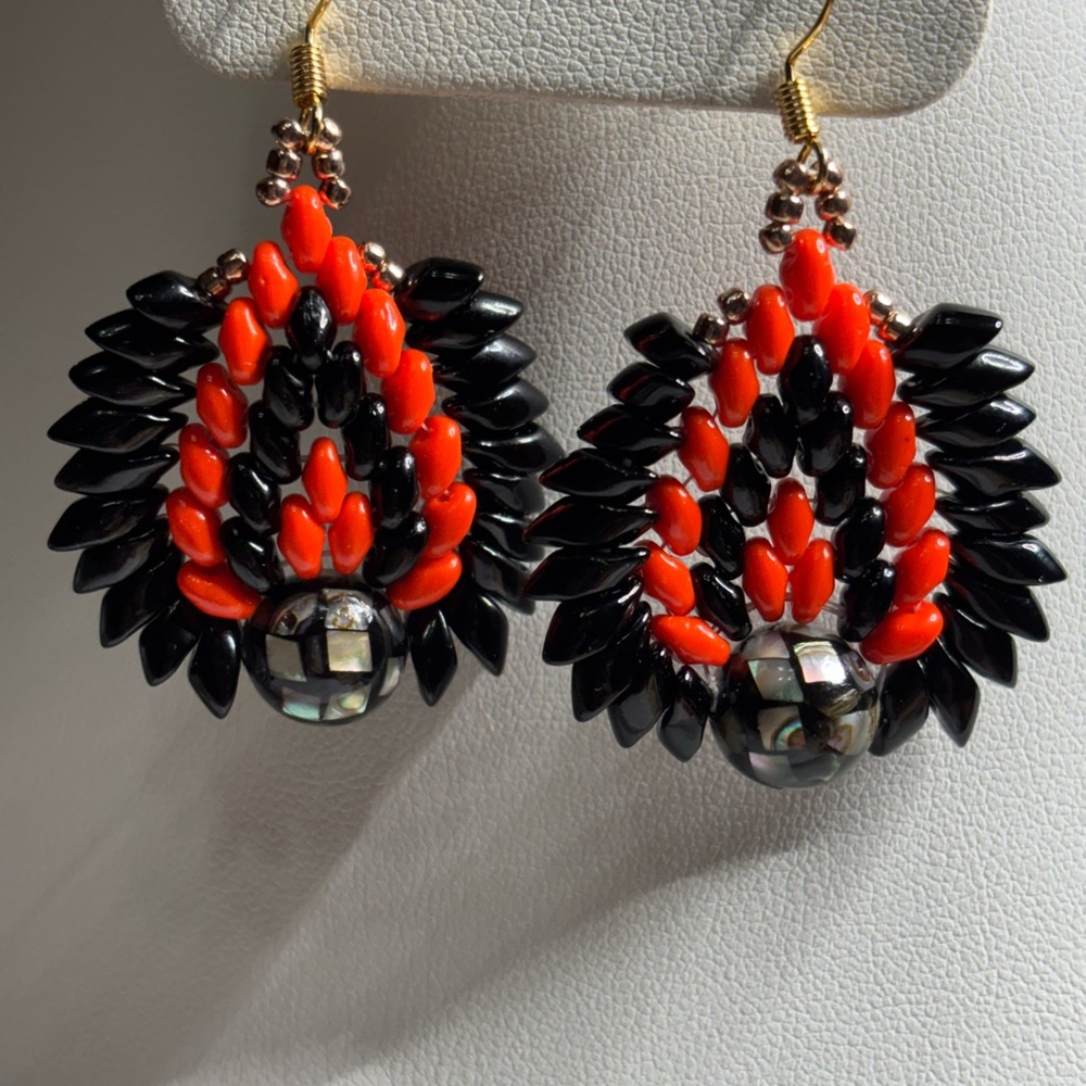 Handmade earrings Mosaic Abalone focal accented with Black Orange Beads 2 inches